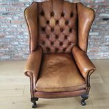 Antieke cuir Chesterfield wingback ourfauteuil Chippendale style cognac