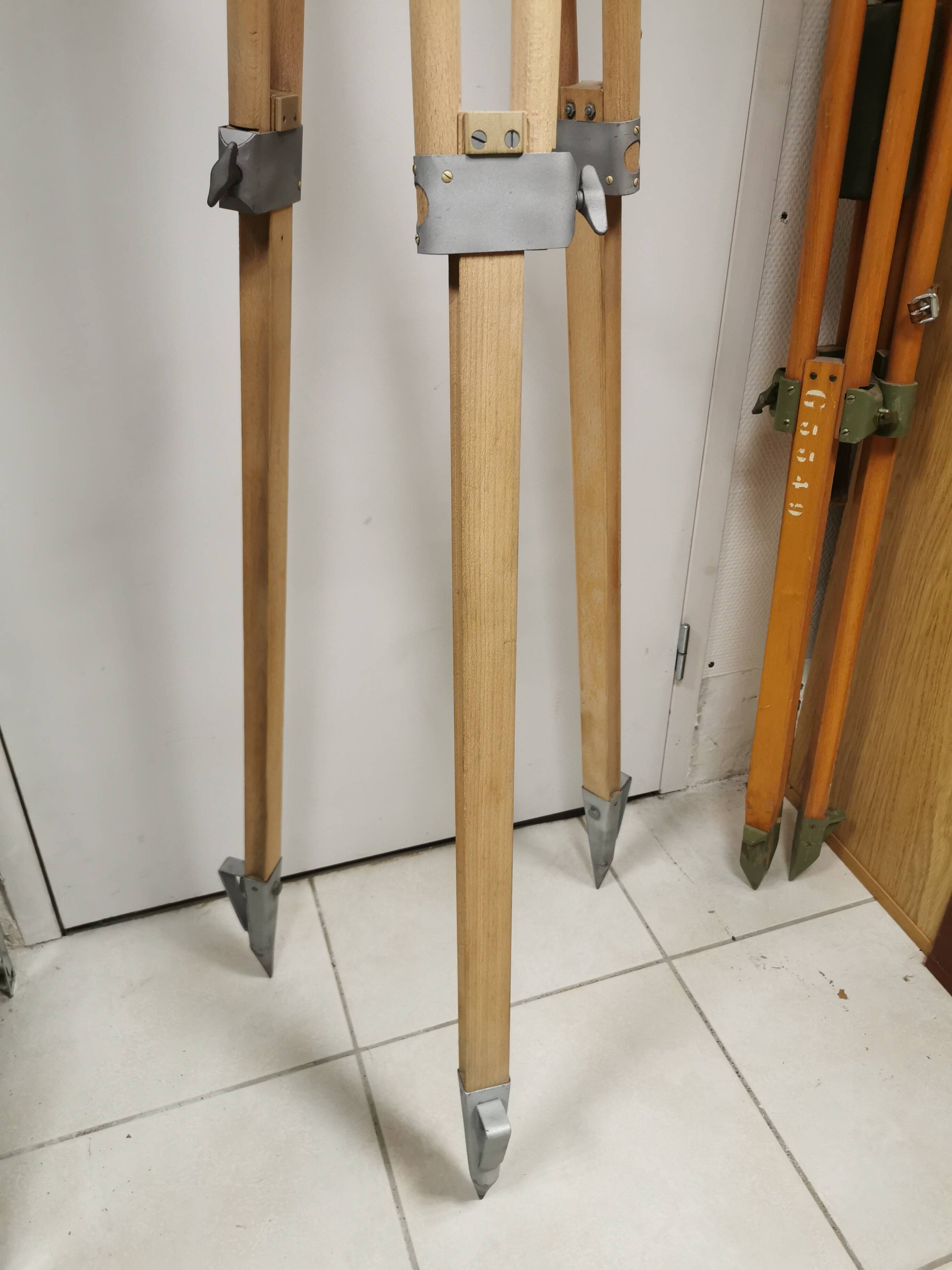 Raw / stripped wooden tripod, vintage industrial lamp base
