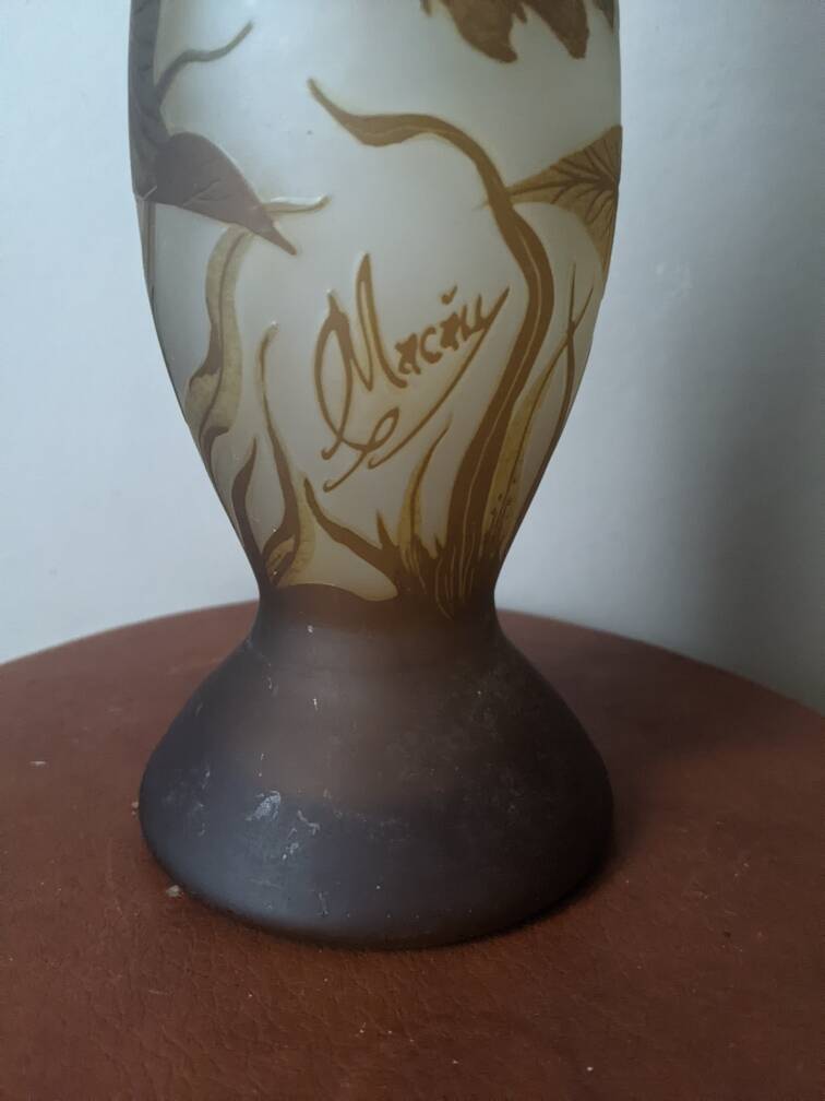 Art Deco glass paste vase signed Macau, Gallé inspiration, plant decoration