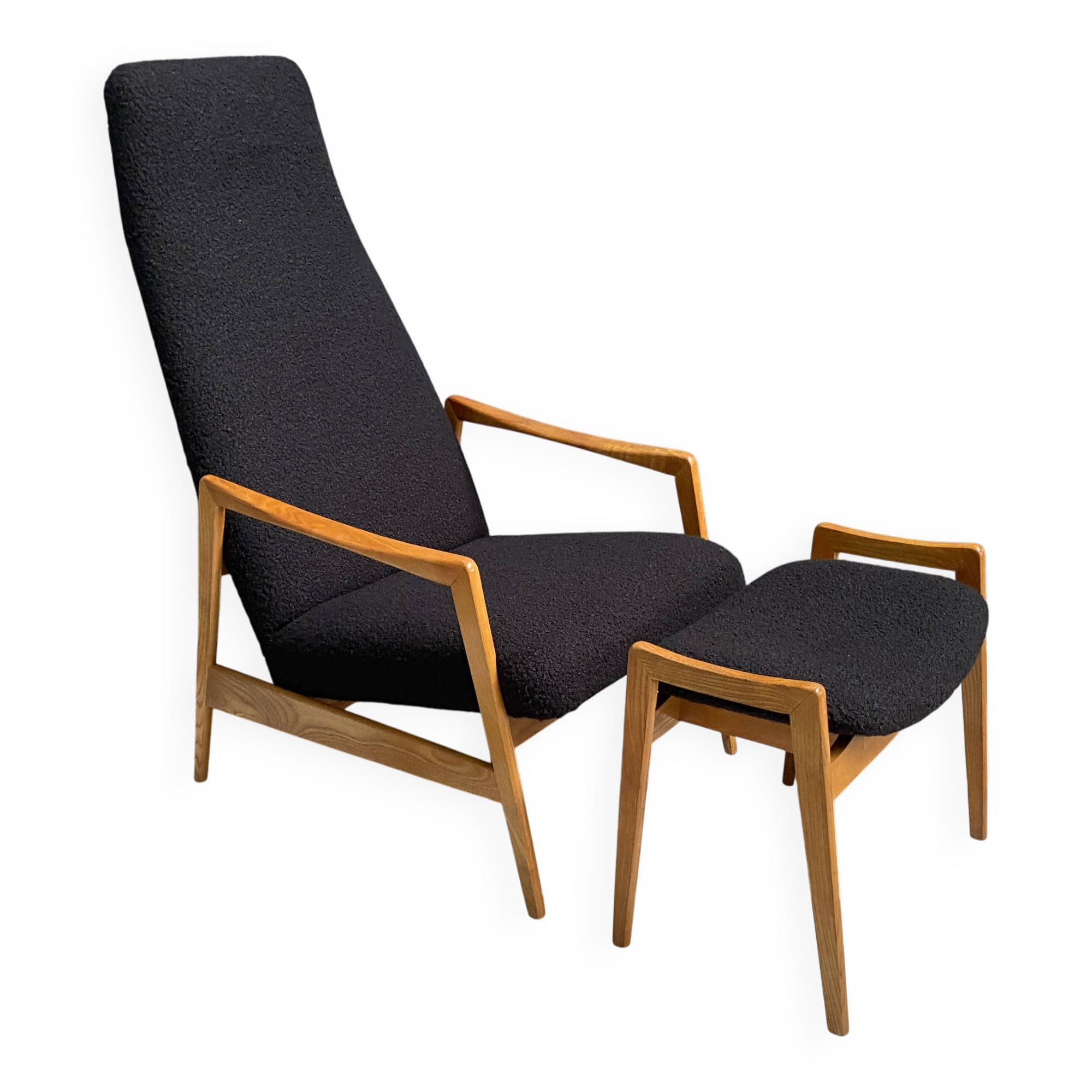 Highback chair with ottoman in black boucle