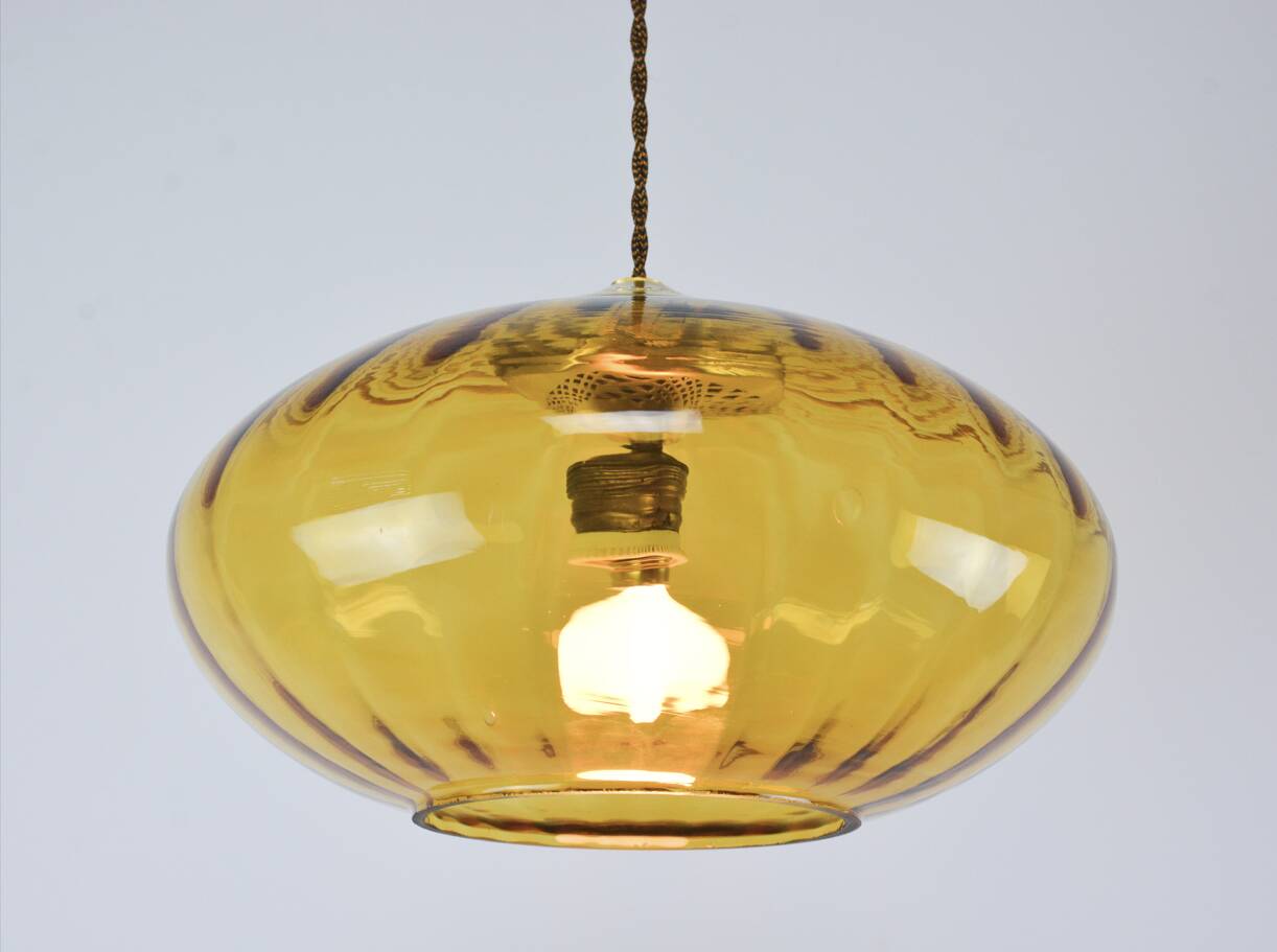 Mid-Century Brass and Amber Glass Pendant Lamp