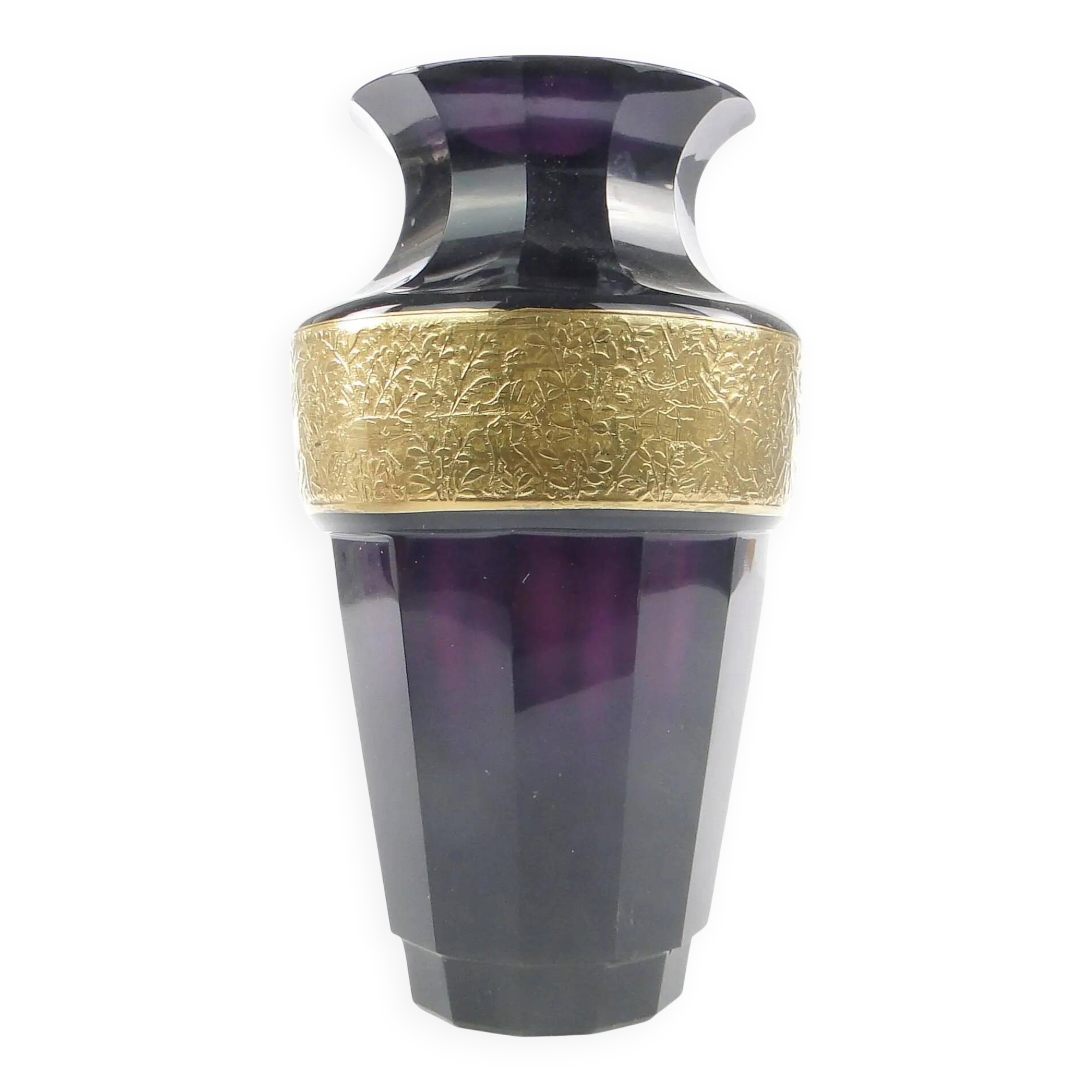 Art Deco vase, manganese glass, oroplastic, Czechoslovakia, 1930s