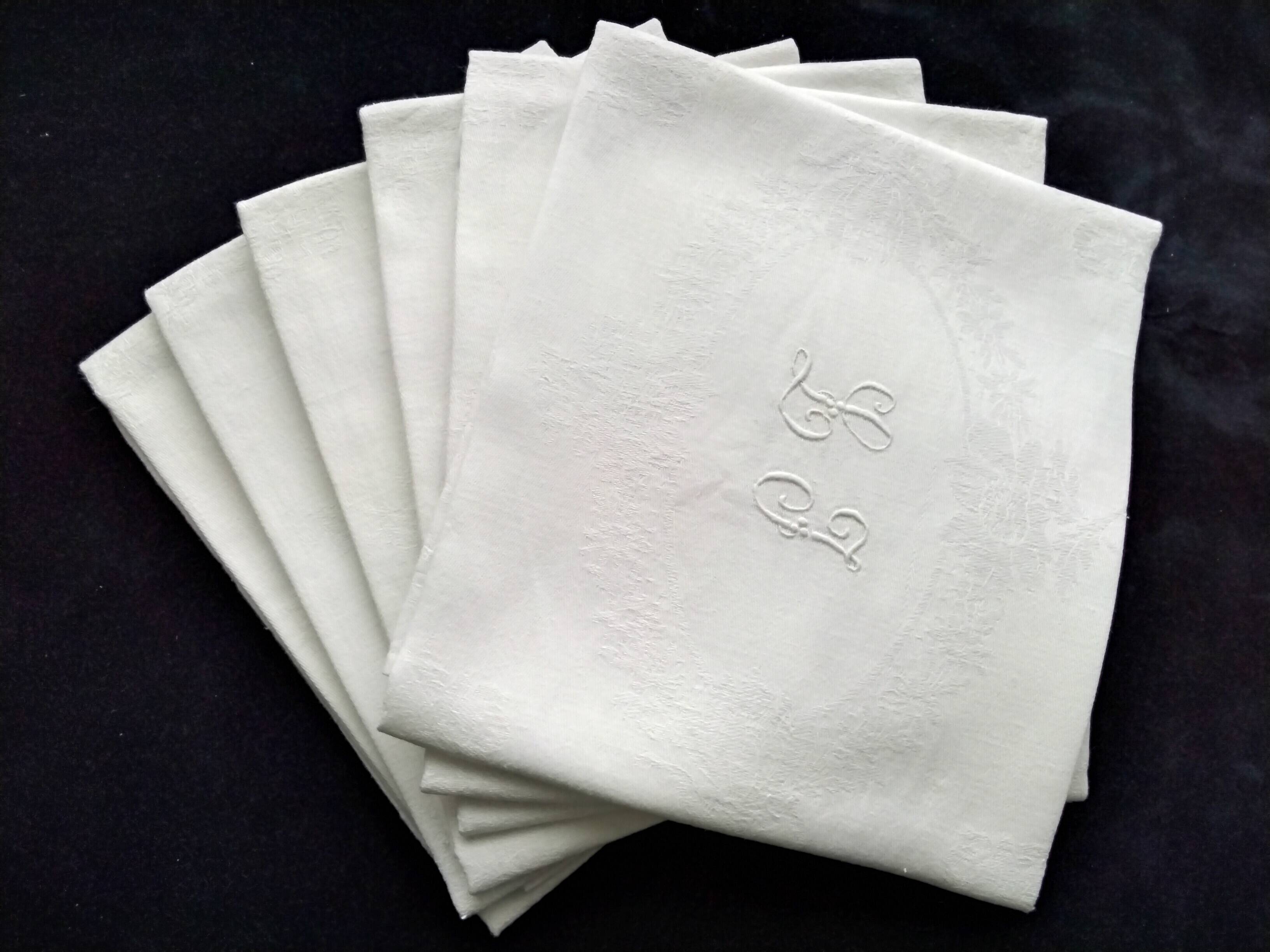6 old LJ monogram damask cotton napkins