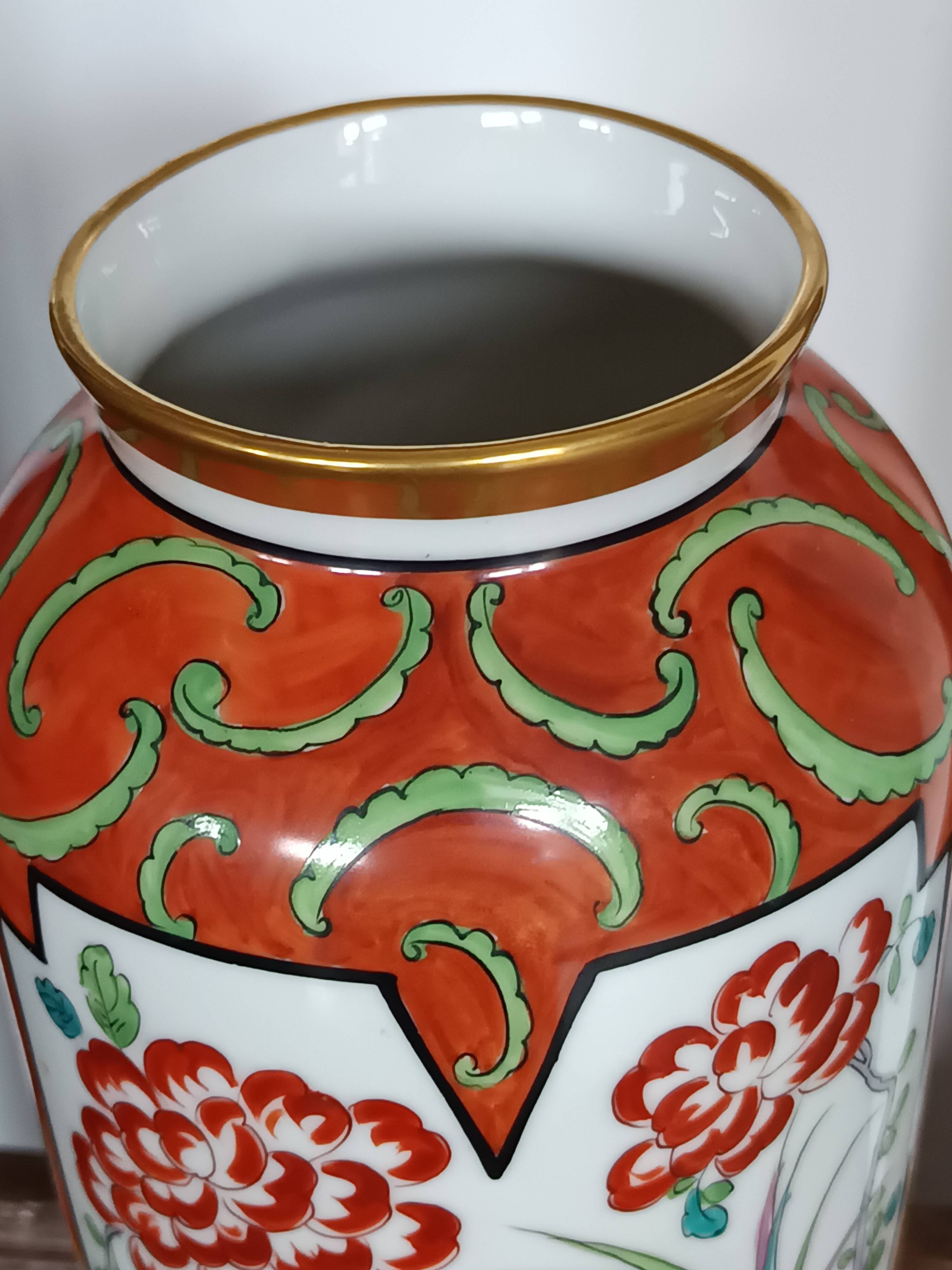 Jean Boyer porcelain vase with floral and vegetal decoration and bird of paradise