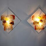 Pair of murano mazzega wall lamps, orange murano blown glass, italy, 1960