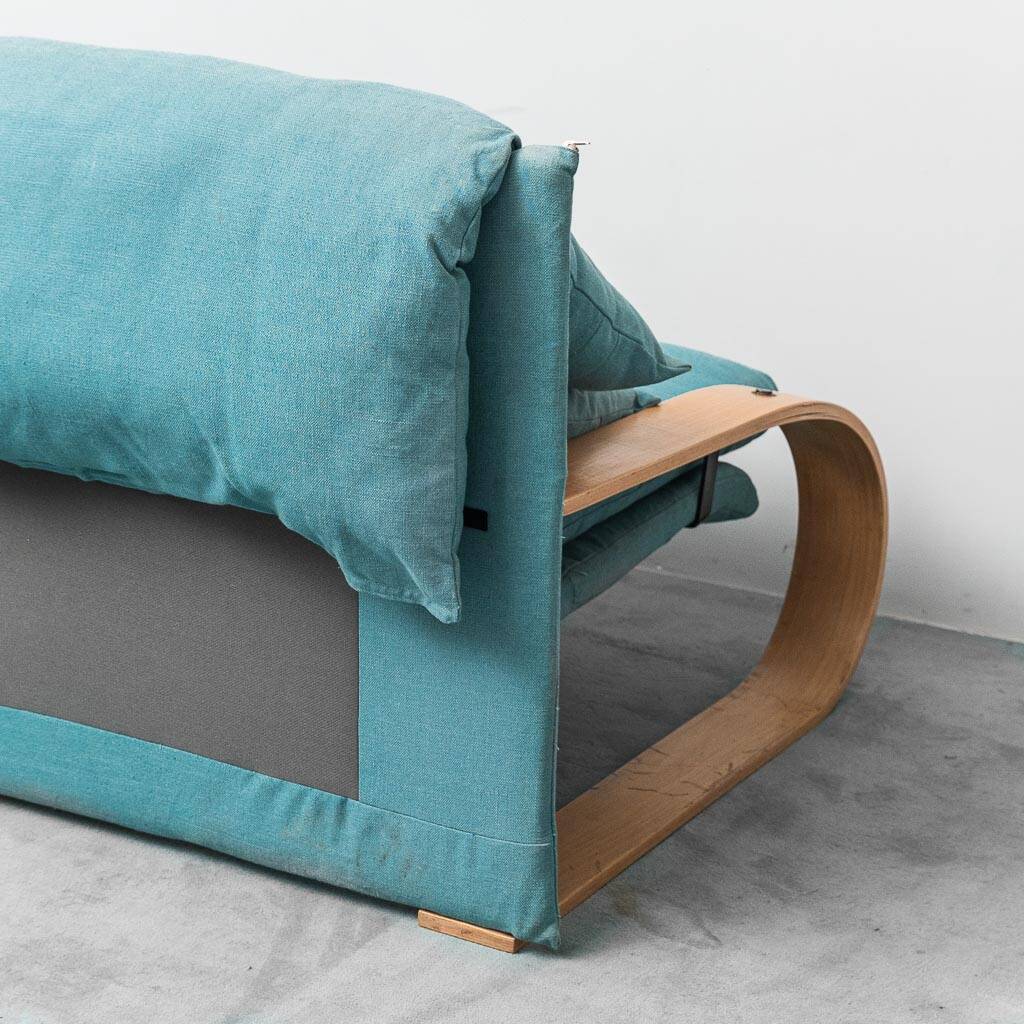 3-seater fabric sofa in Alvar Aalto style, bent wood, 1970s vintage modernism