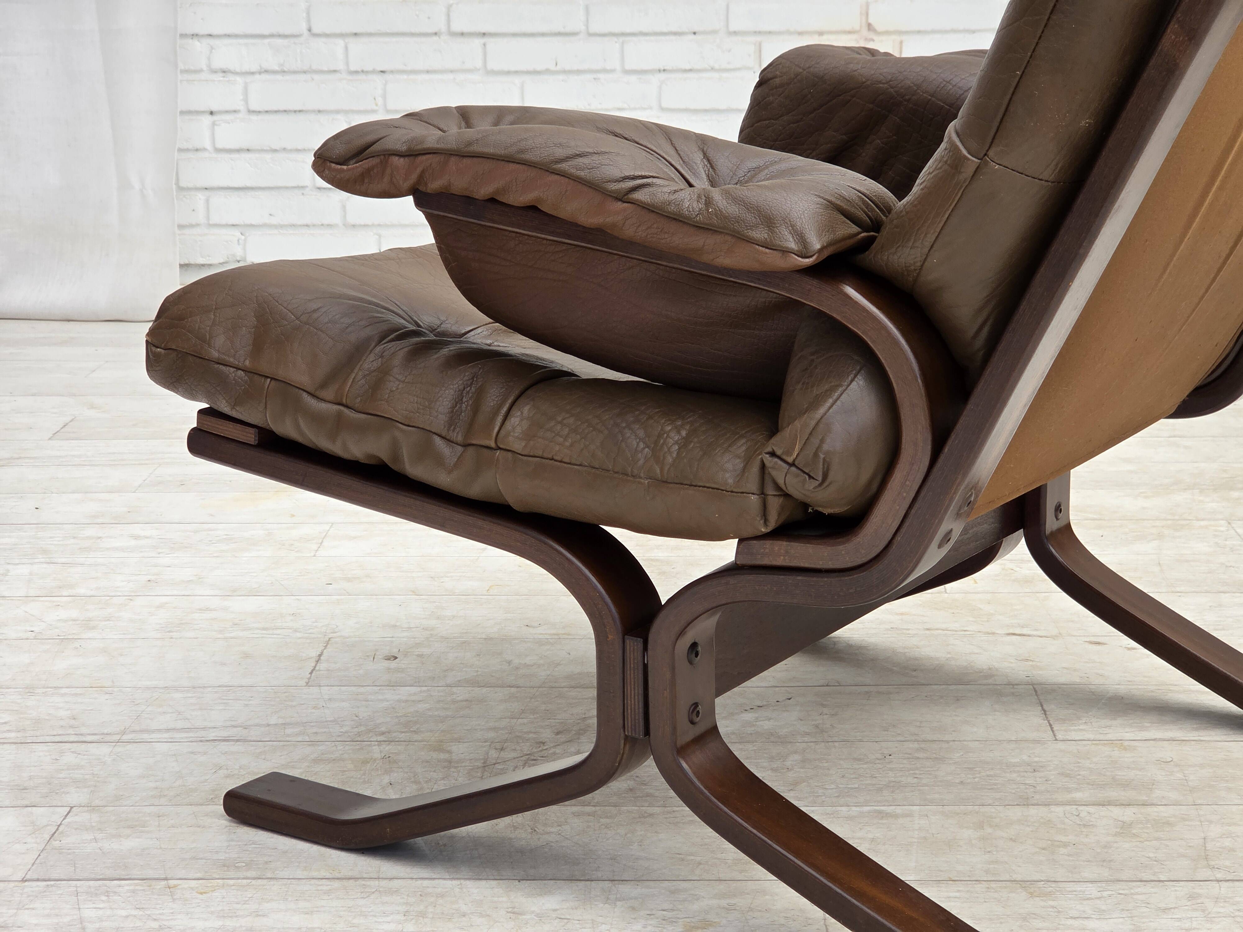 Fauteuil en cuir de meuble marron, années 1970, design scandinave,