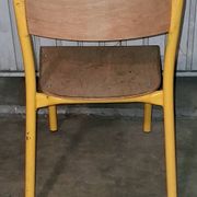 Pair of school chairs, wood and yellow metal, industrial decor.