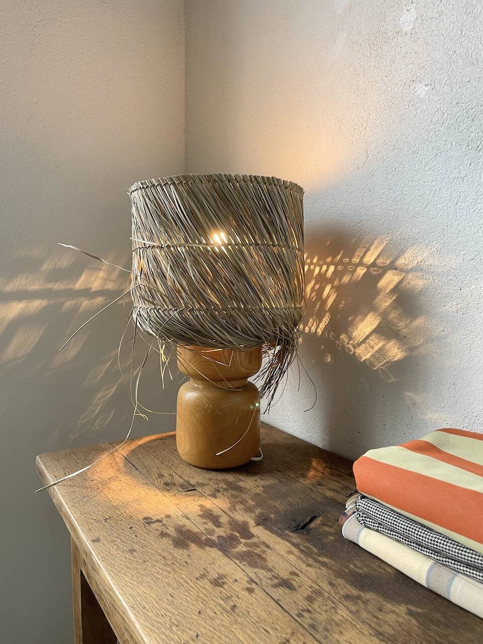 50s wood and straw lamp