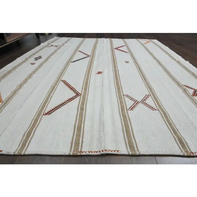 White Brown Antique Handmade Wool Kilim Rug 190x251