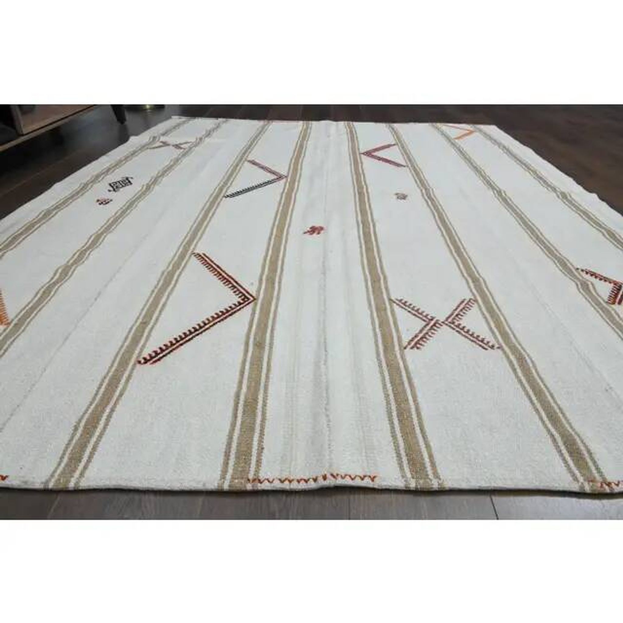 White Brown Antique Handmade Wool Kilim Rug 190x251
