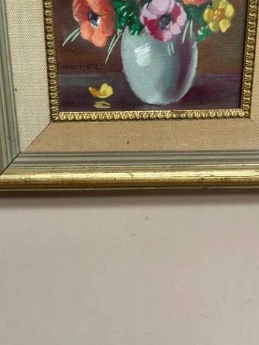 Oil on Canvas Laid on Panel “ Vase” by Sascher, Vintage & Framed 22×27cm
