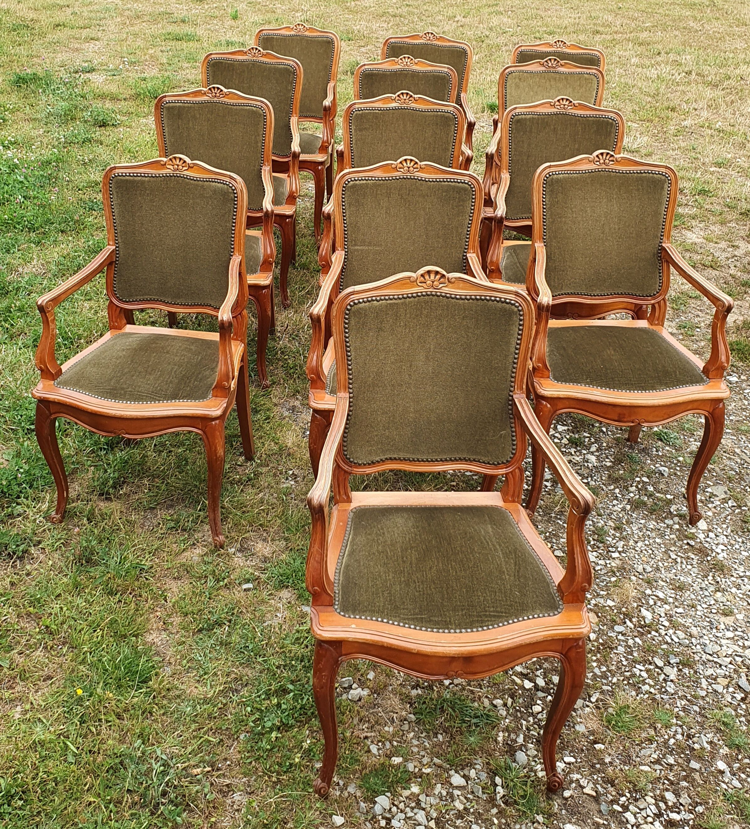 13 Louis XV style armchairs in olive green velvet