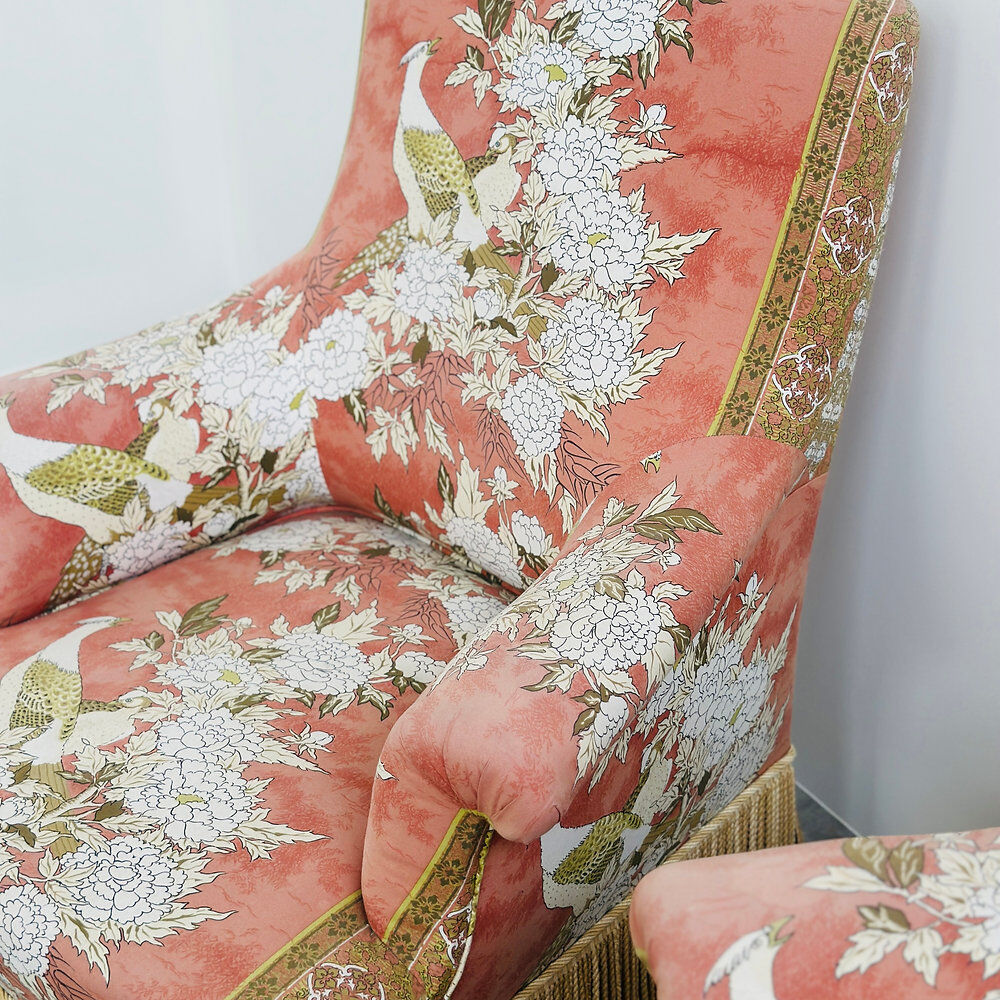 Exquisite pair of upholstered slipper lounge chairs depicting pheasants and peonies