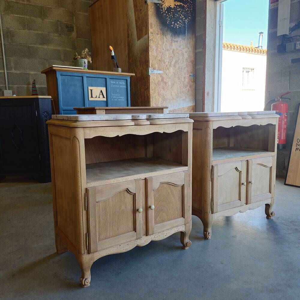 2 antique bedside tables made of solid wood and marble – sandblasted