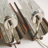 Pair of Swedish vintage wall lamps - elegant design in crystal glass, teak and chrome - 1960s.