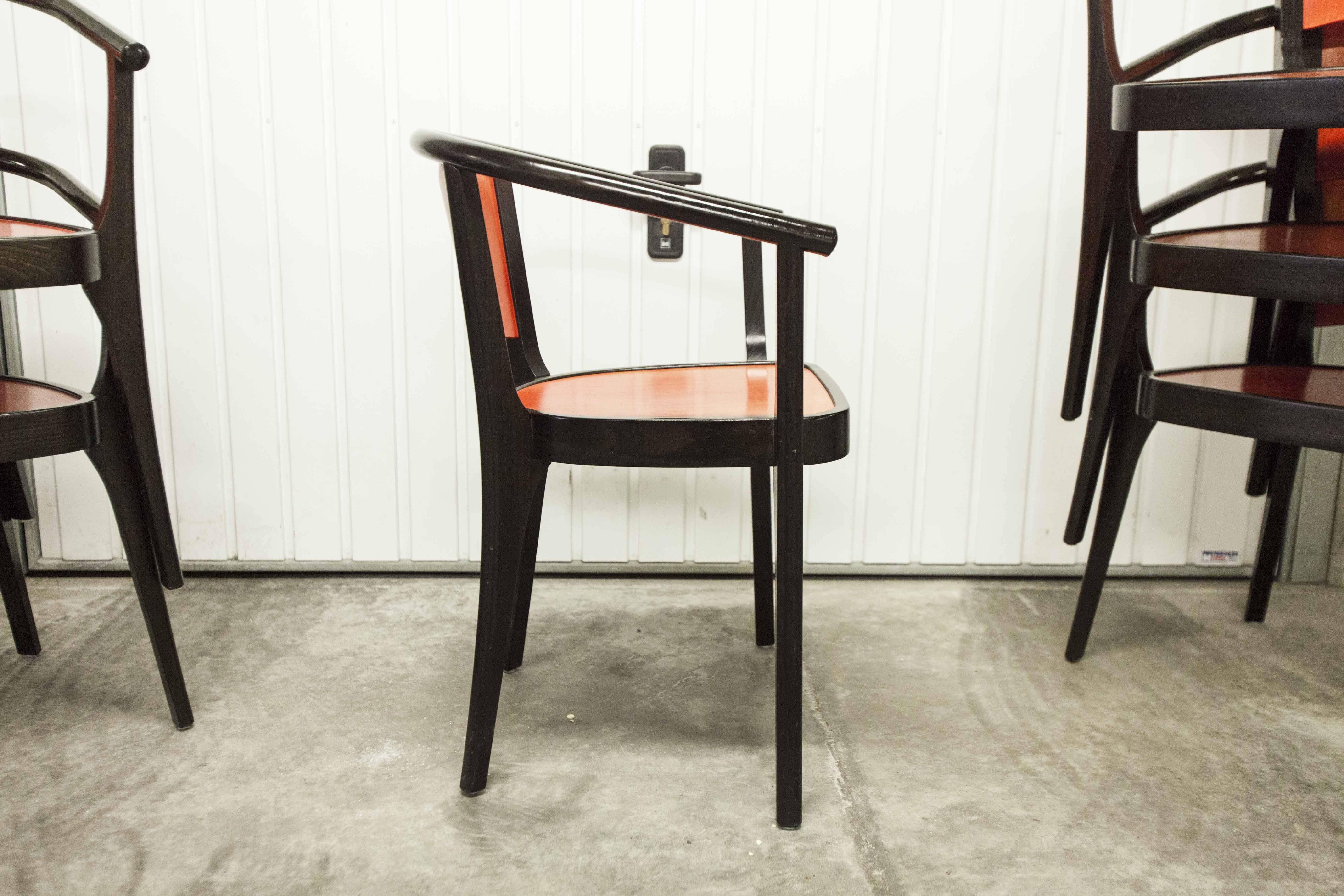 Table and 6 armchairs Baumann Diese, design Pagnon Pelhaître, Wenge color and red,
