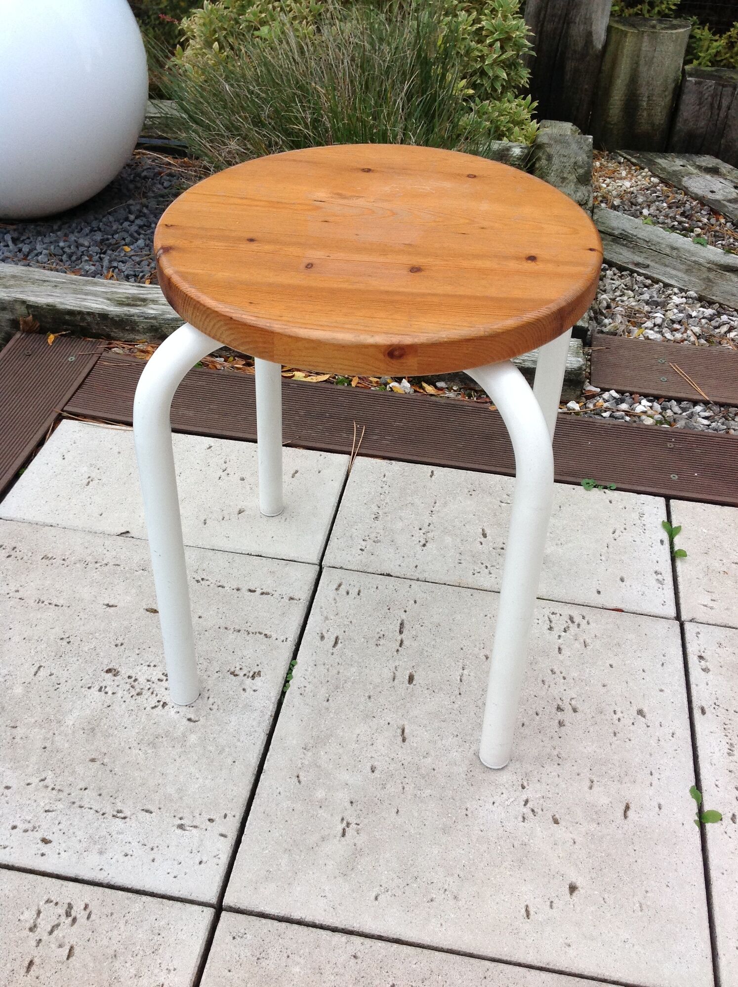 Old wooden stool and white lacquered feet industrial style, 60-70