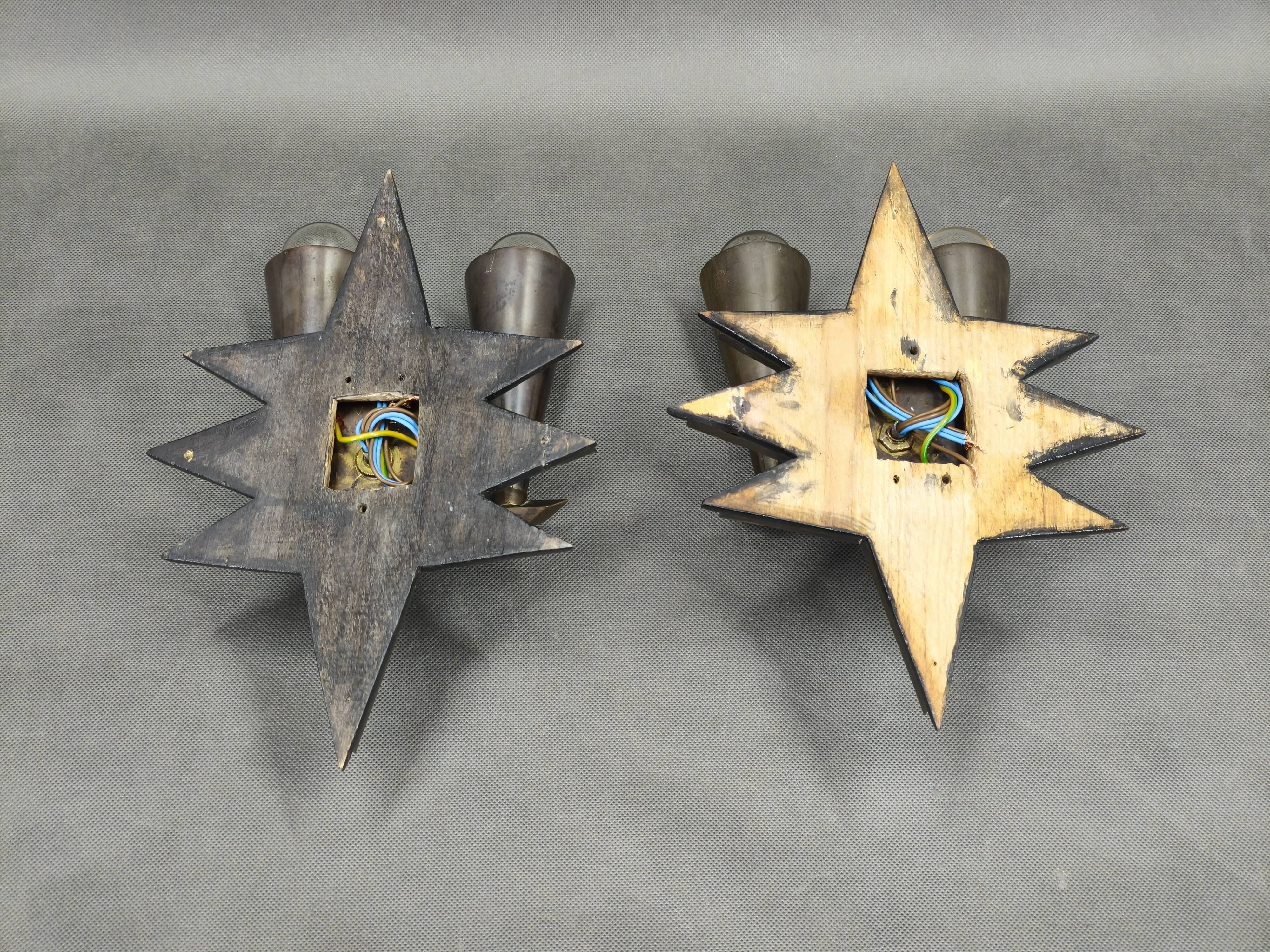 Pair of Czech Cubist Brass Wall Lights, Czechoslovakia, 1920s