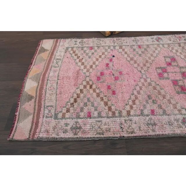 Vintage Turkish Oushak handmade wool cotton pink runner rug 82x346