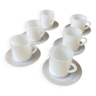 Espresso coffee cup service, Nestlé promotional items, in white glass.