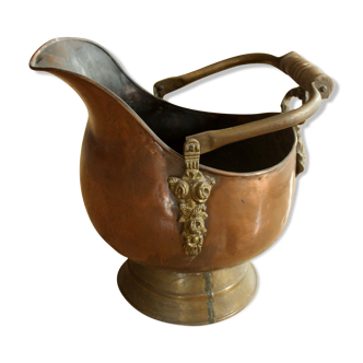 Planter made of copper and brass with a wooden handle, vintage from the 1960s