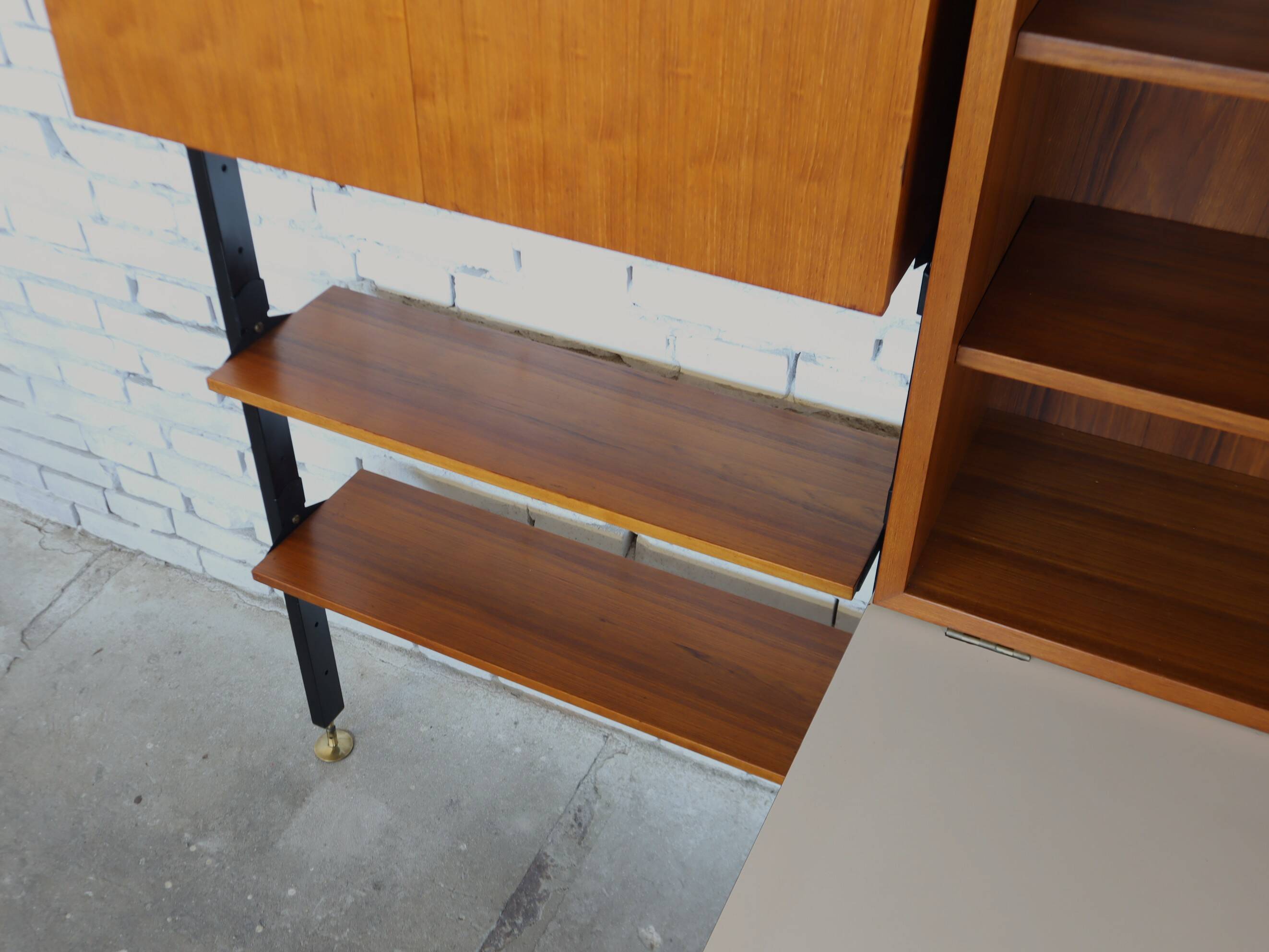 1950s mid-century wall unit teak and iron folding desk & cabinet module