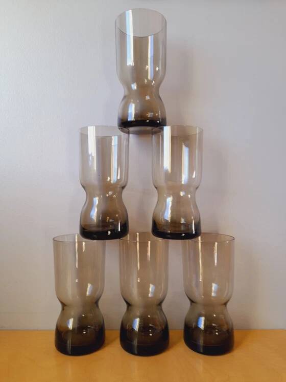 Service en verre fumé, verre et carafe 1970