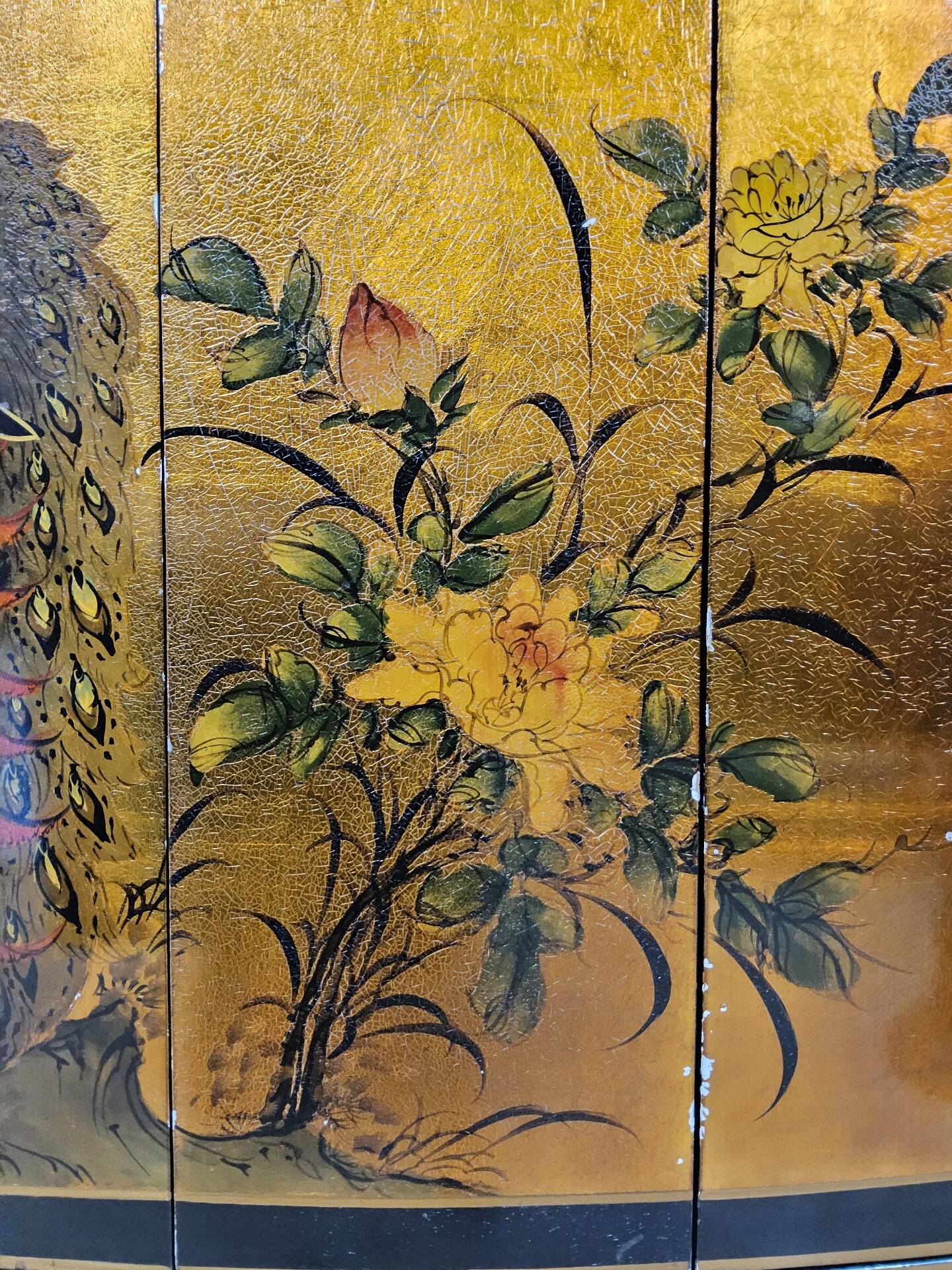 Vintage Chinese cabinet with gold leaf, flowers and peacock/ bohemian