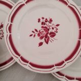Service cake pie flat plates porcelain opaque badonviller rose bordeaux vintage