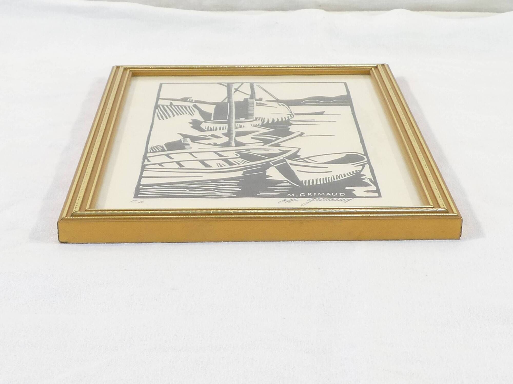 Lithograph print artist's proof signed Mr.Grimaud boat at dock