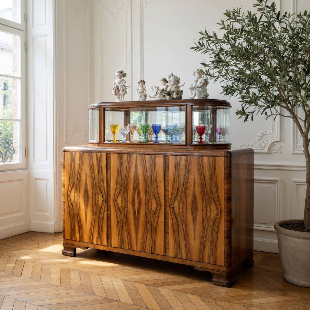 Exceptional Art Deco Walnut Sideboard with Slatted Glass Display - 1930s Fu