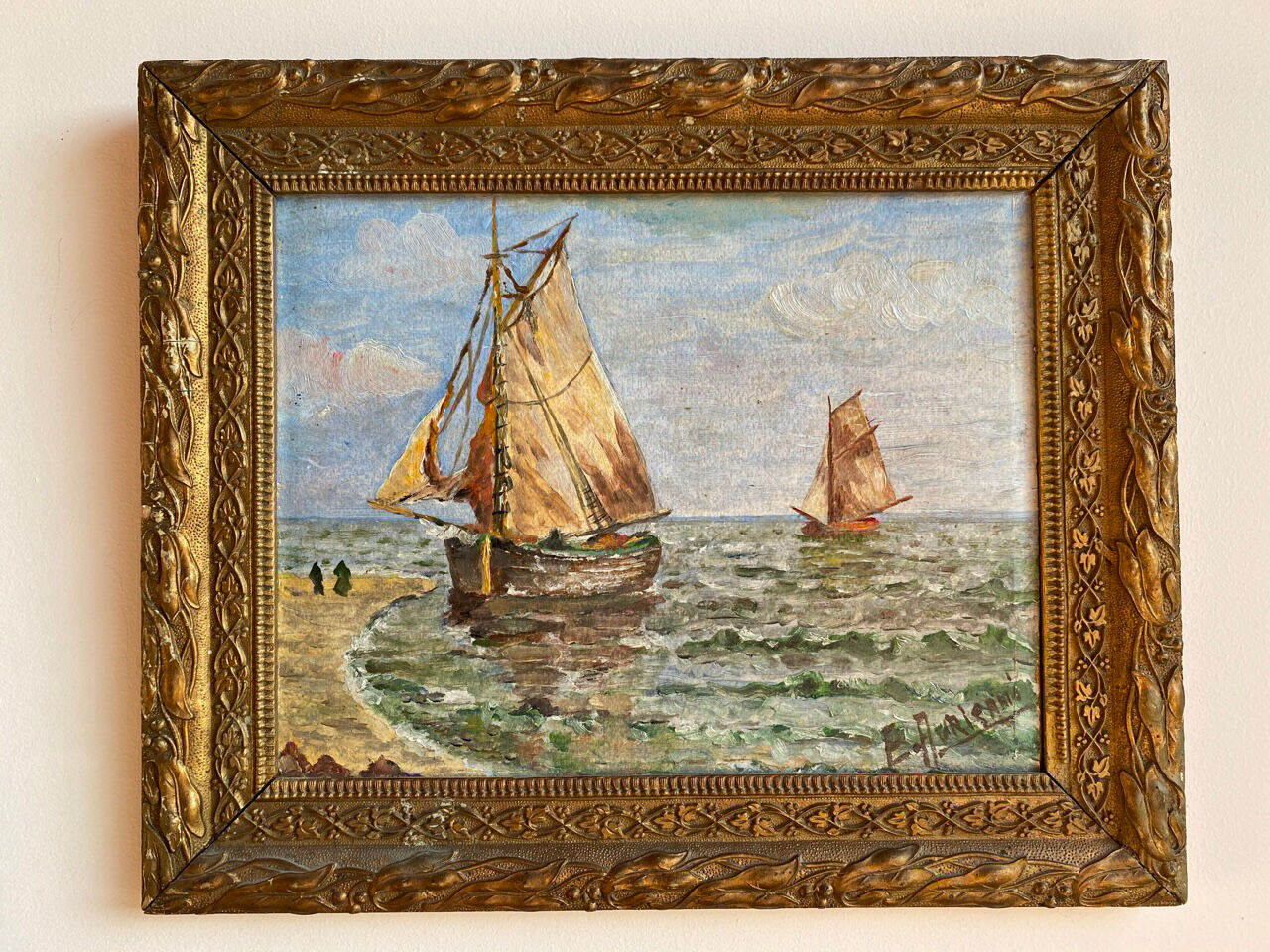 Ancient painting, Marine, signed 20th century