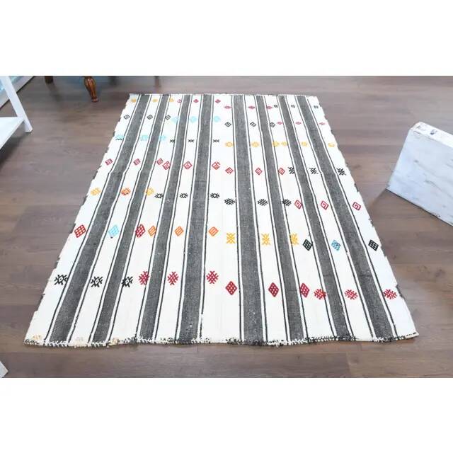 Vintage Turkish Oushak Handmade Cotton White Wool Kilim Area Rug 147x202