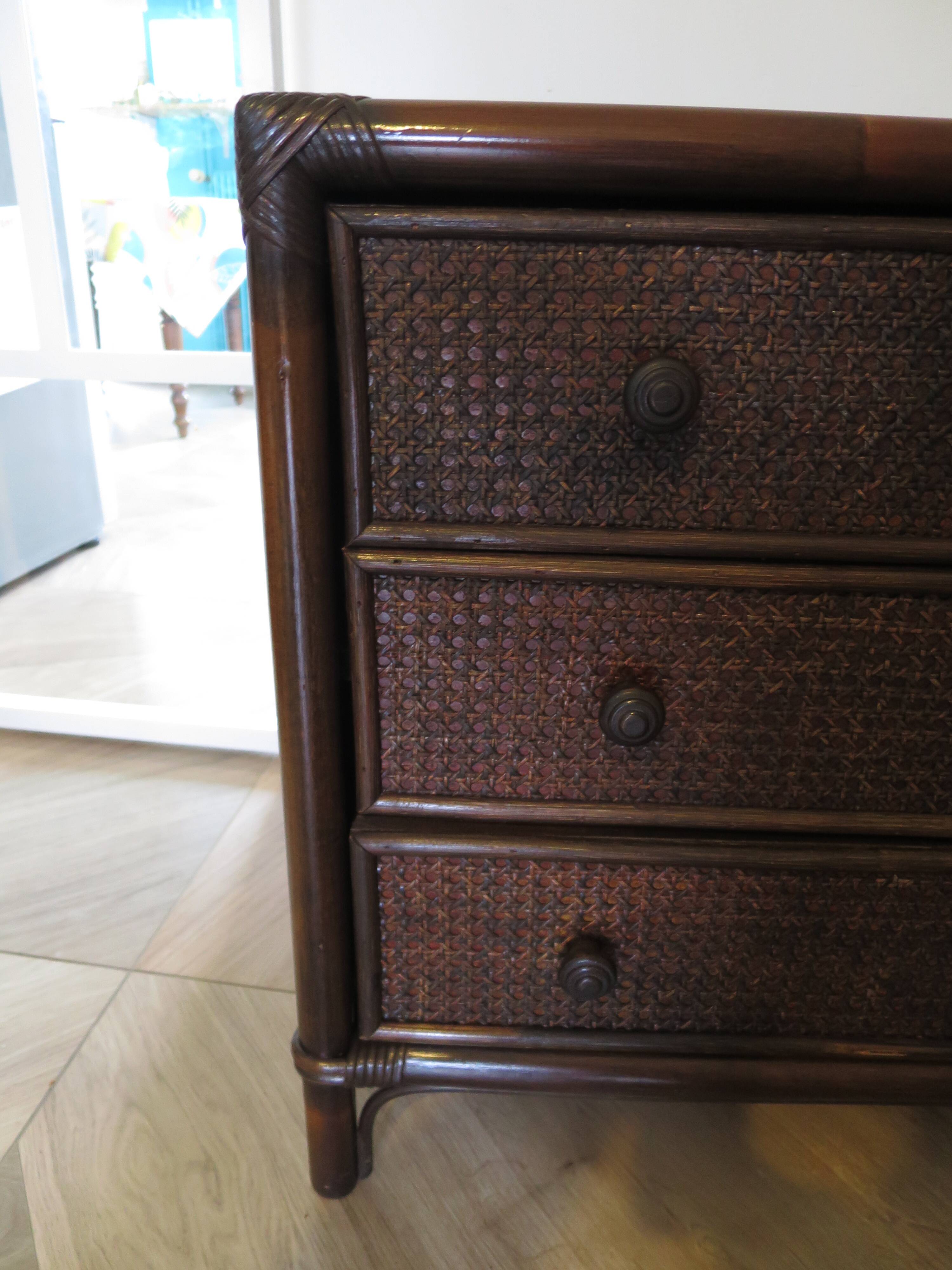 Vintage 3-drawer chest of drawers - wood, bamboo and woven rattan - 1980s