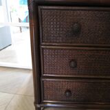 Vintage-commode 3 tioirs -bois bambou et rotin tressé - années 80