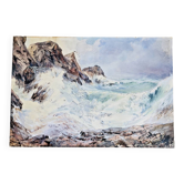 Aquarelle Maurice Perronnet (1877-1950) Vague déferlant contre un rocher