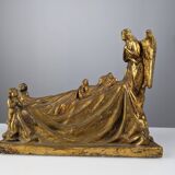 Sculpture Reine et Anges en terre cuite dorée