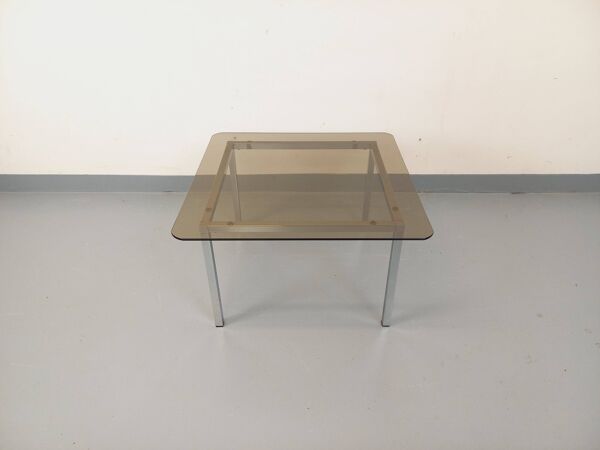 Table basse carrée vintage en verre fumé et métal chromé des années 70