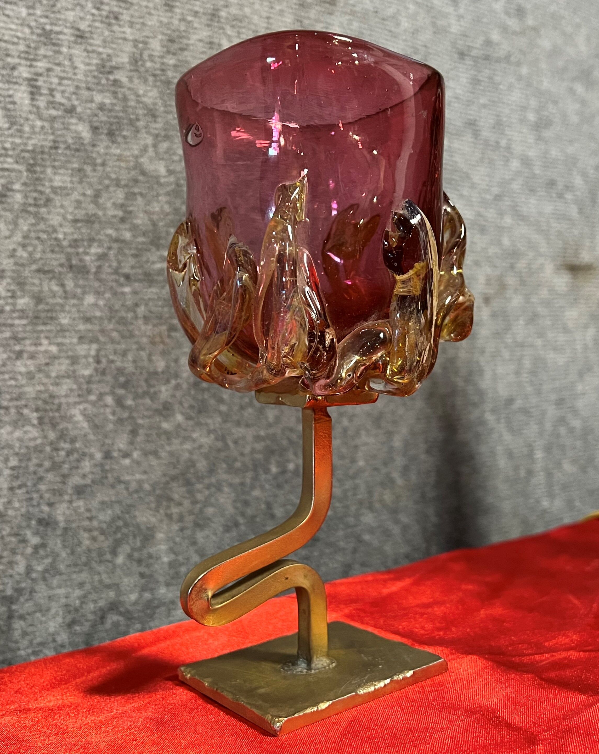 Fabienne Picaud: pink glass vase with amber applied decorations