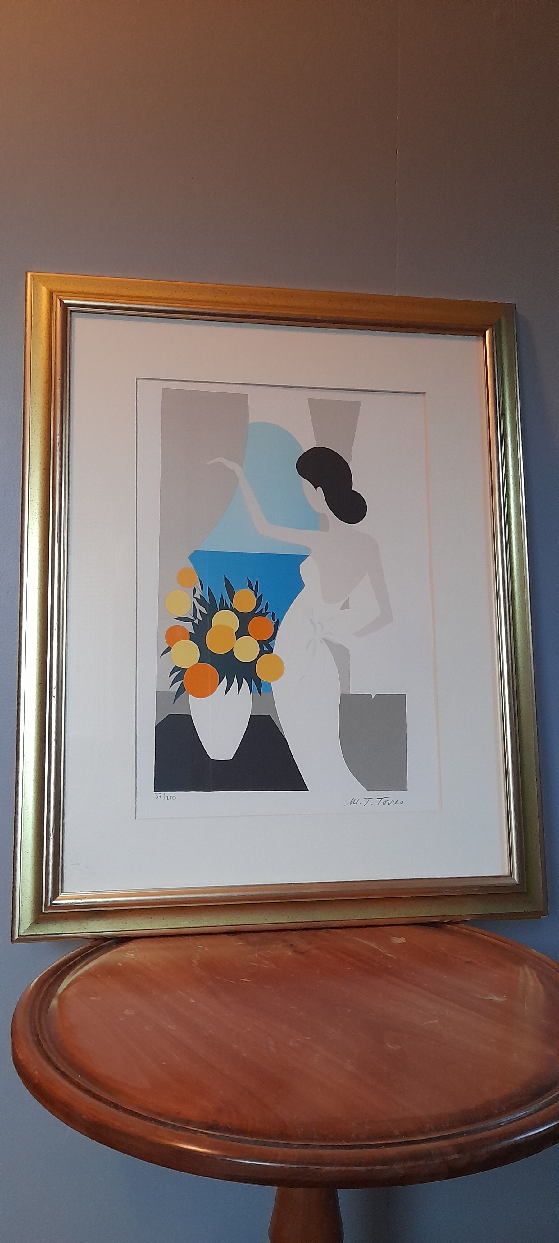 Original framed lithograph "Beautiful woman from the back facing the Mediterranean" by Maria Theresa Torres