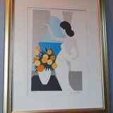 Original framed lithograph "Beautiful woman from the back facing the Mediterranean" by Maria Theresa Torres