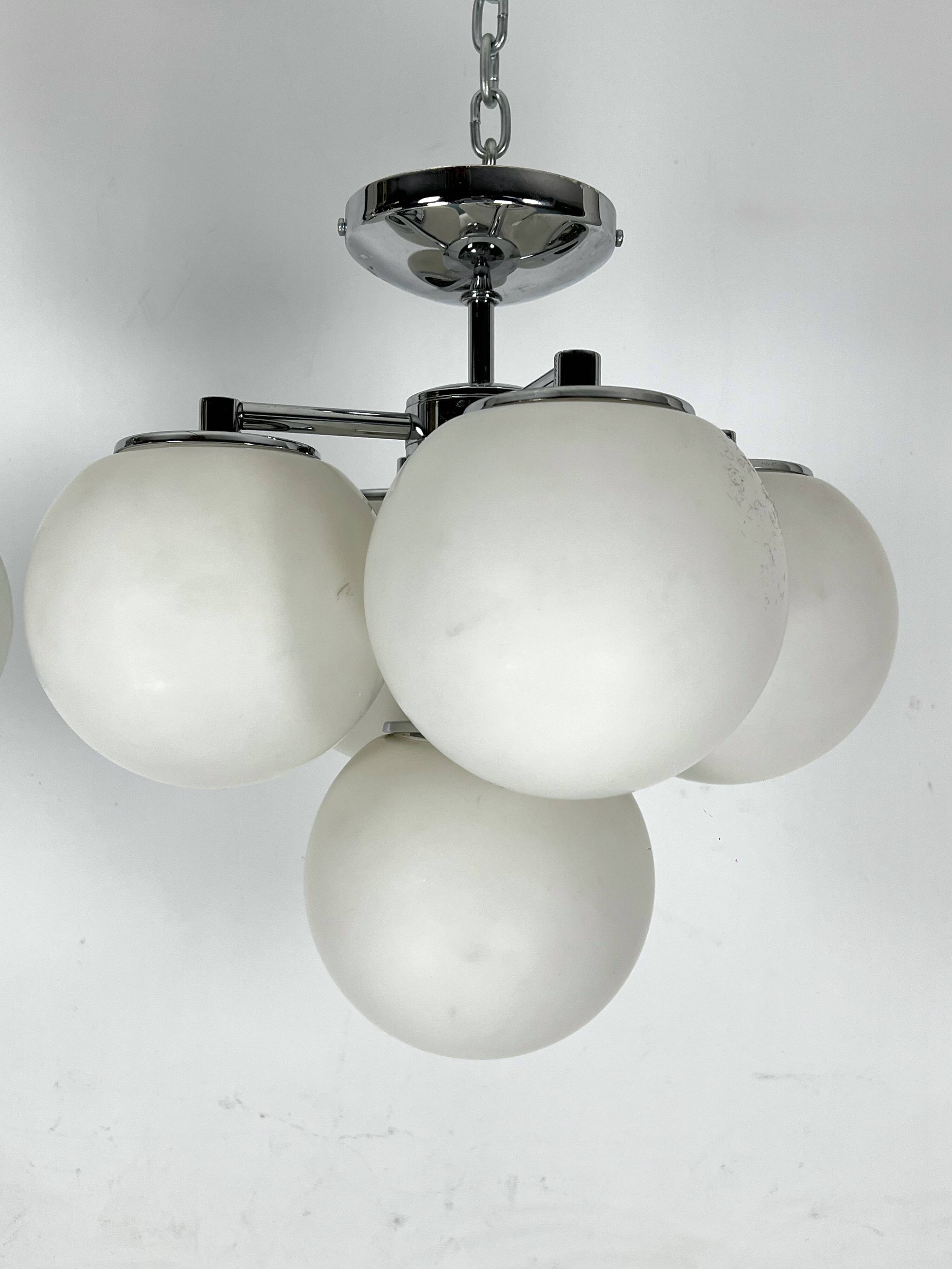 Space age style, Vintage Pair of ceiling lamps in chrome and opaline glass. Italy 1980s