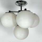 Space age style, Vintage Pair of ceiling lamps in chrome and opaline glass. Italy 1980s