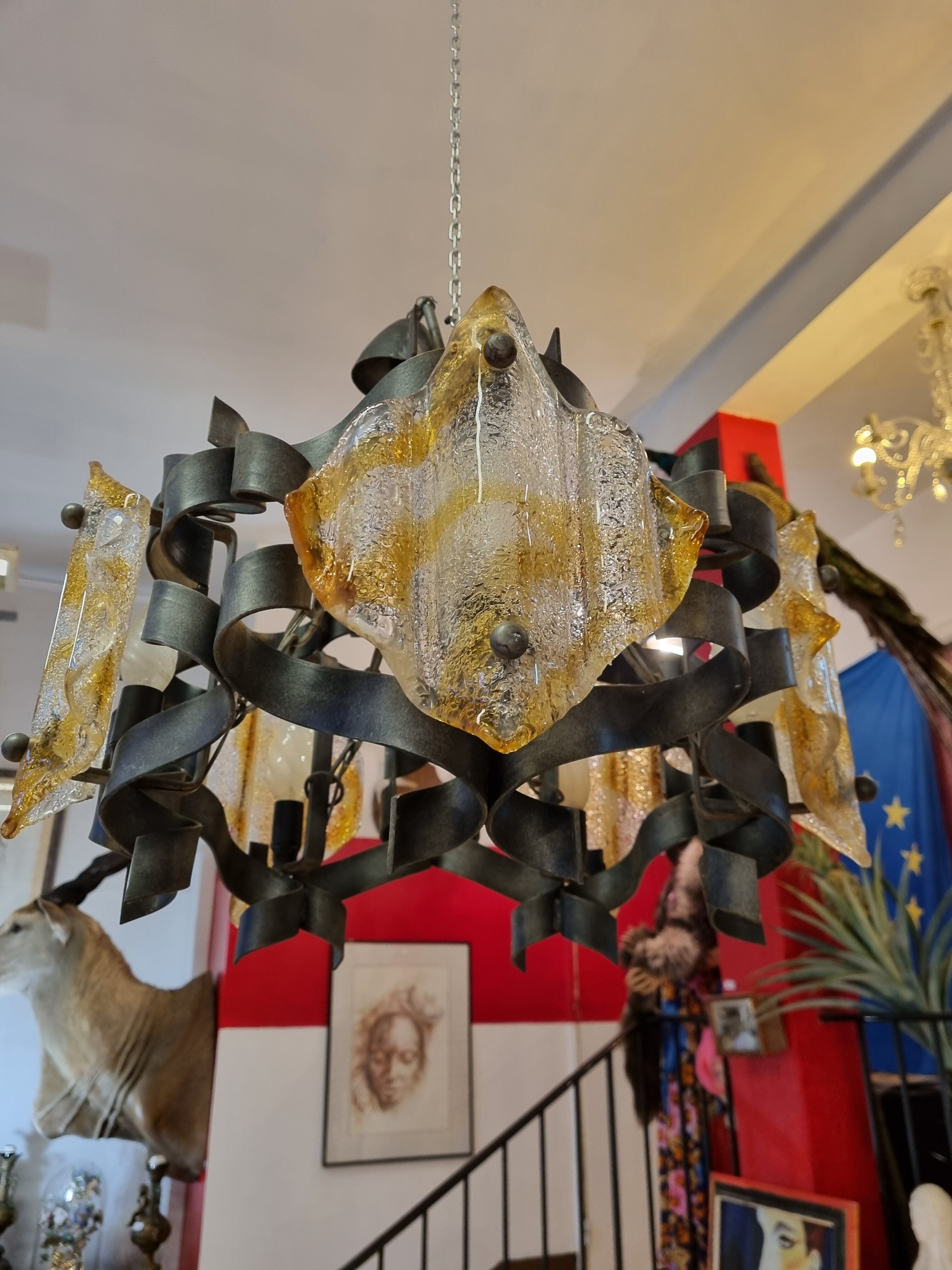 Chandelier iron struck & murano glass, 1970