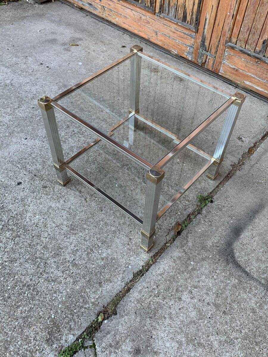 Vintage coffee table in brass and glass, with gold chrome accents — Pierre Vandel, Paris 1970s