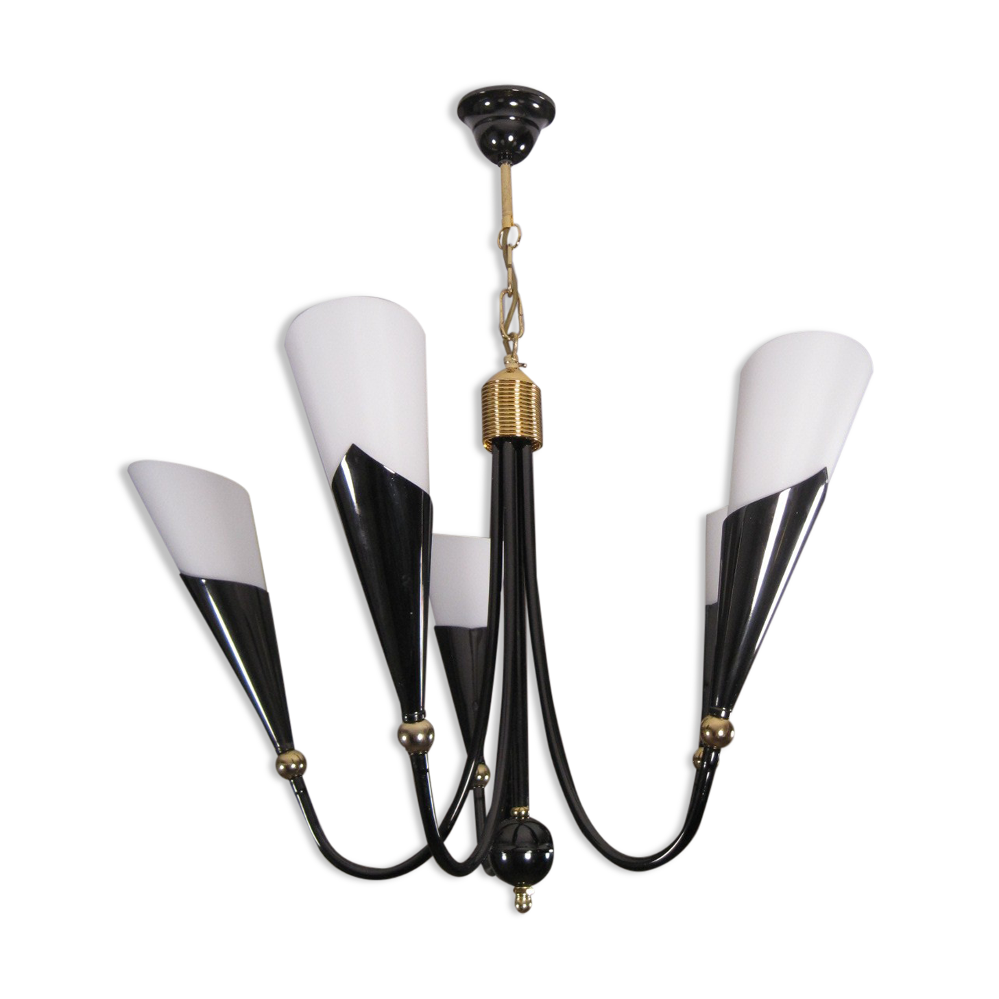 Lustre italien 1960/1970 métal noir & tulipes opaline