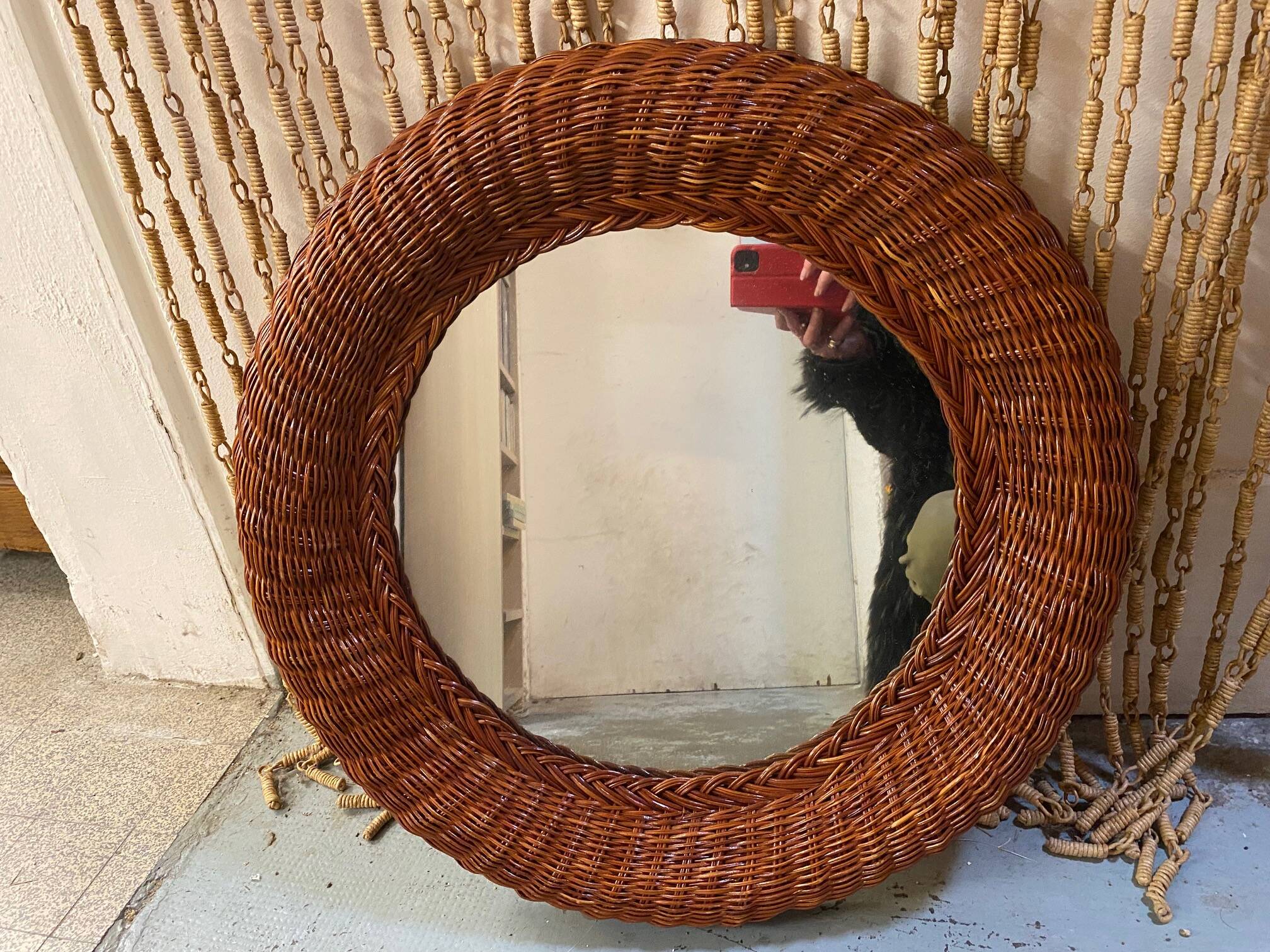 Old vintage round braided wicker mirror 1970s