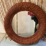 Old vintage round braided wicker mirror 1970s