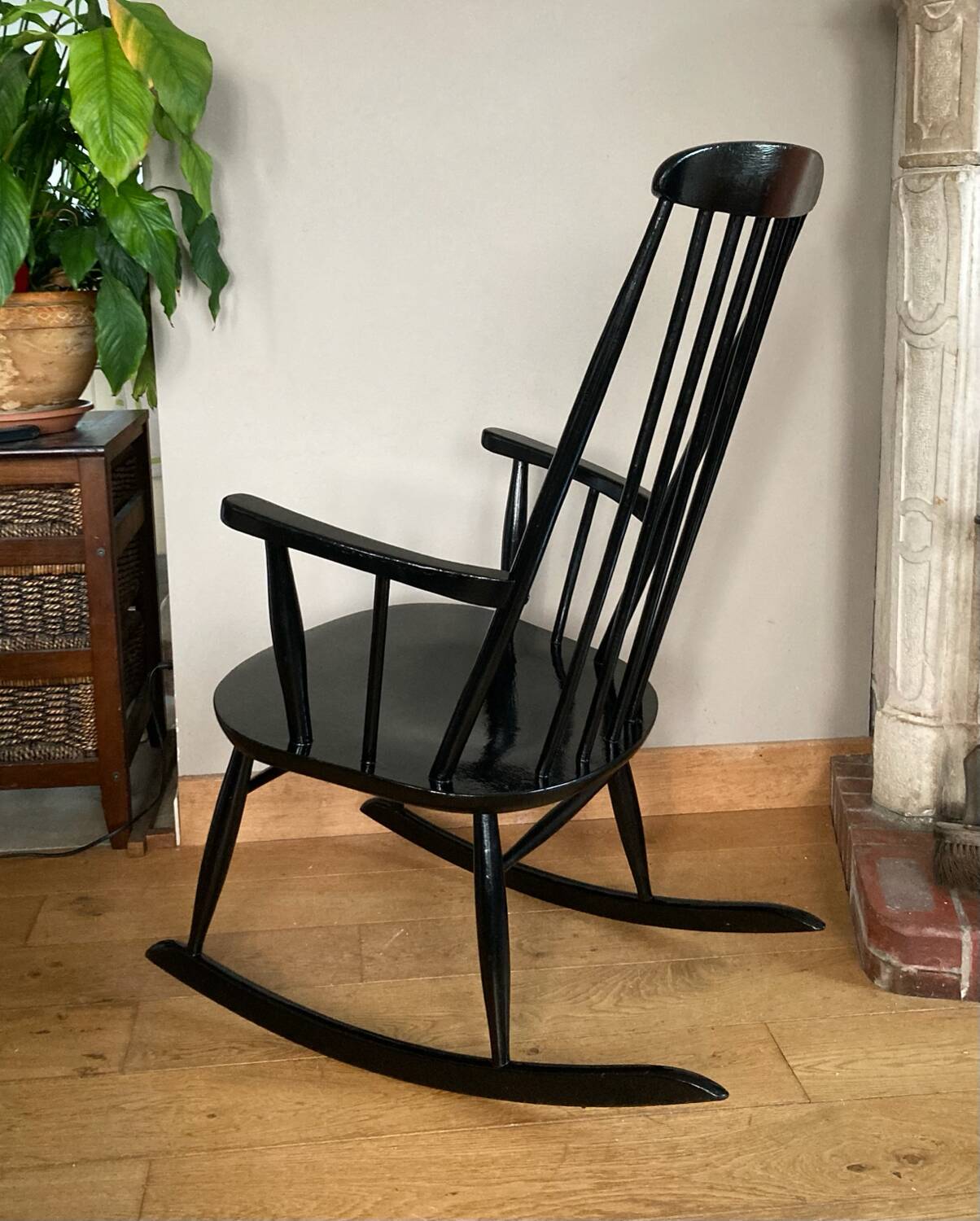 Vintage Scandinavian rocking chair in blackened wood from the 1970s